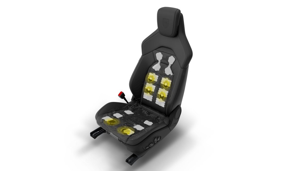 Technical illustration of the 2027 Porsche Cayenne Electric massage seat with 4D audio actuators