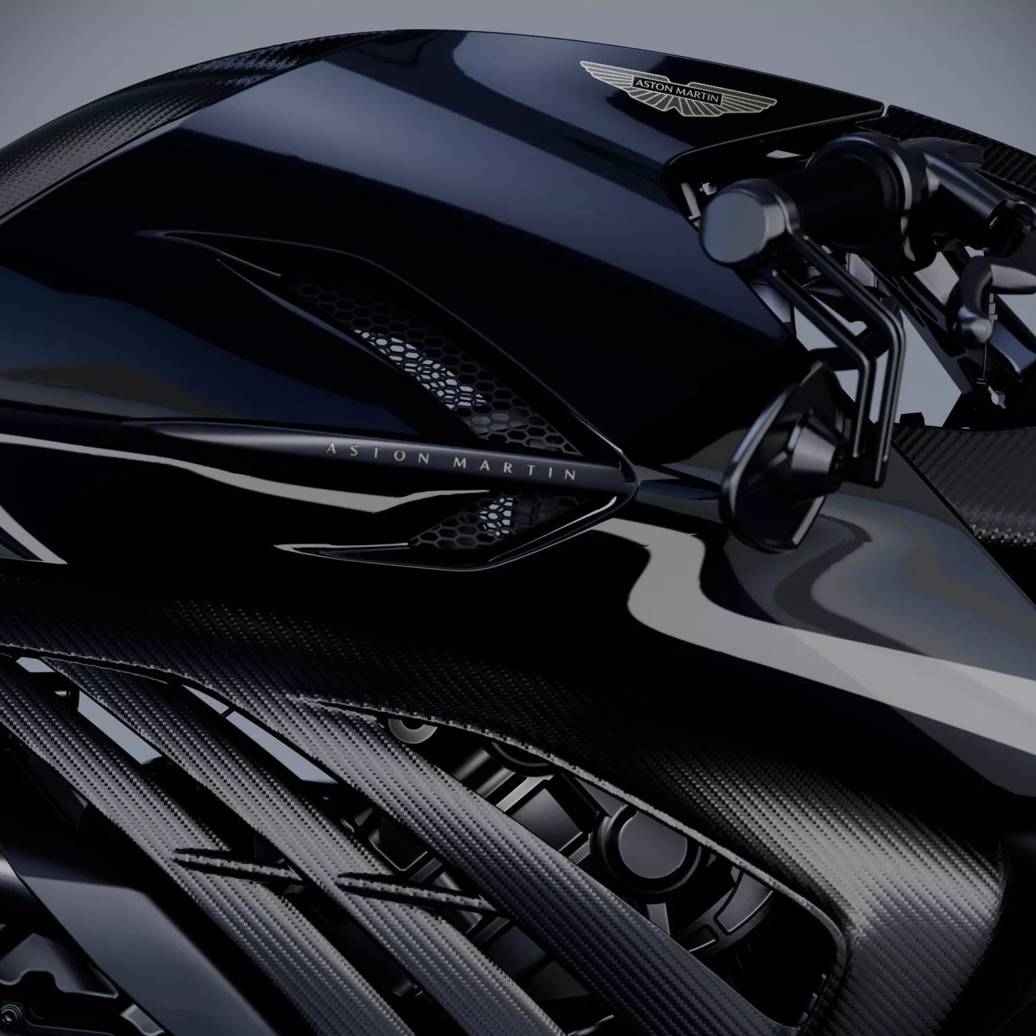 Close view of the AMB 002 fuel tank, side strake and carbon frame elements