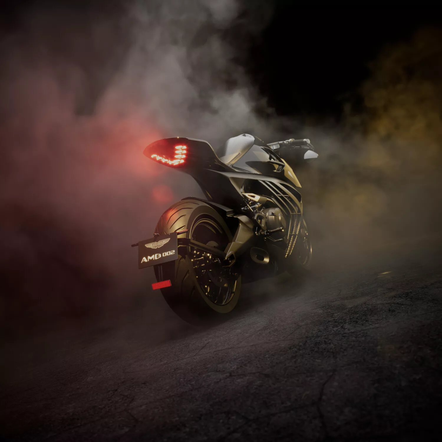 AMB 002 Roadster photographed from the rear in smoke with its tail lamps illuminated