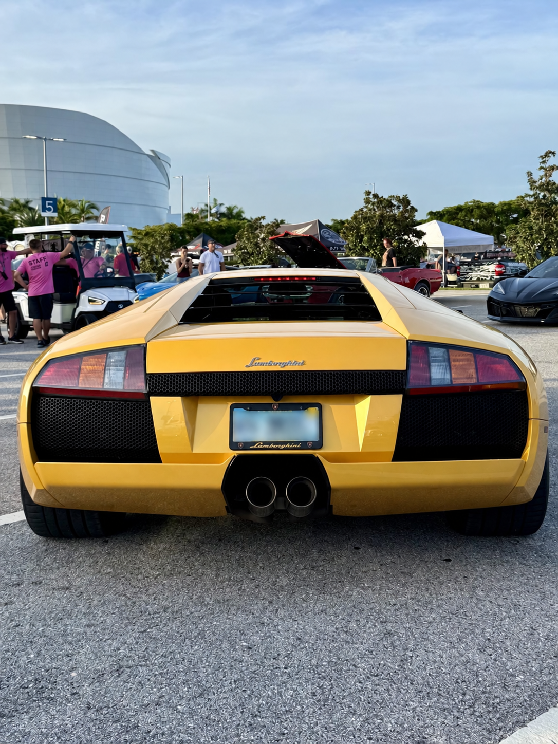 Centered rear view of a yellow Lamborghini Murciélago with its license plate blurred