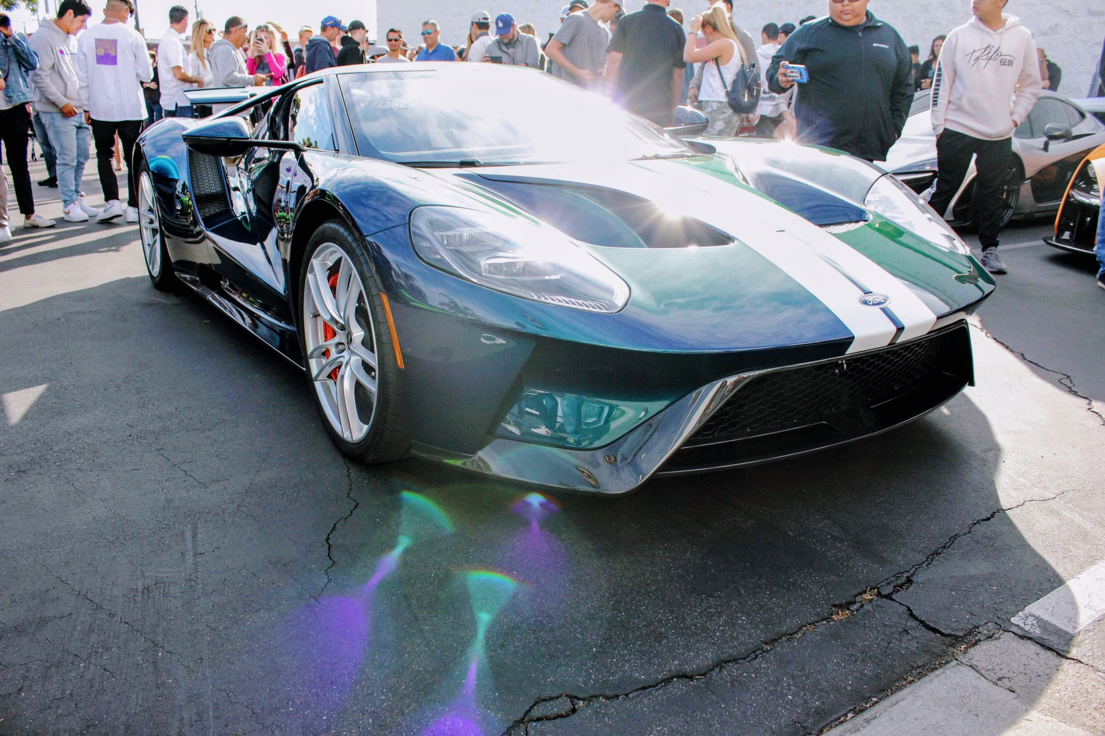 Mystichrome Ford GT photographed with violet, blue and green lens flare